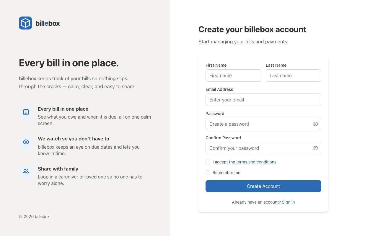 billebox signup screen with the account creation form