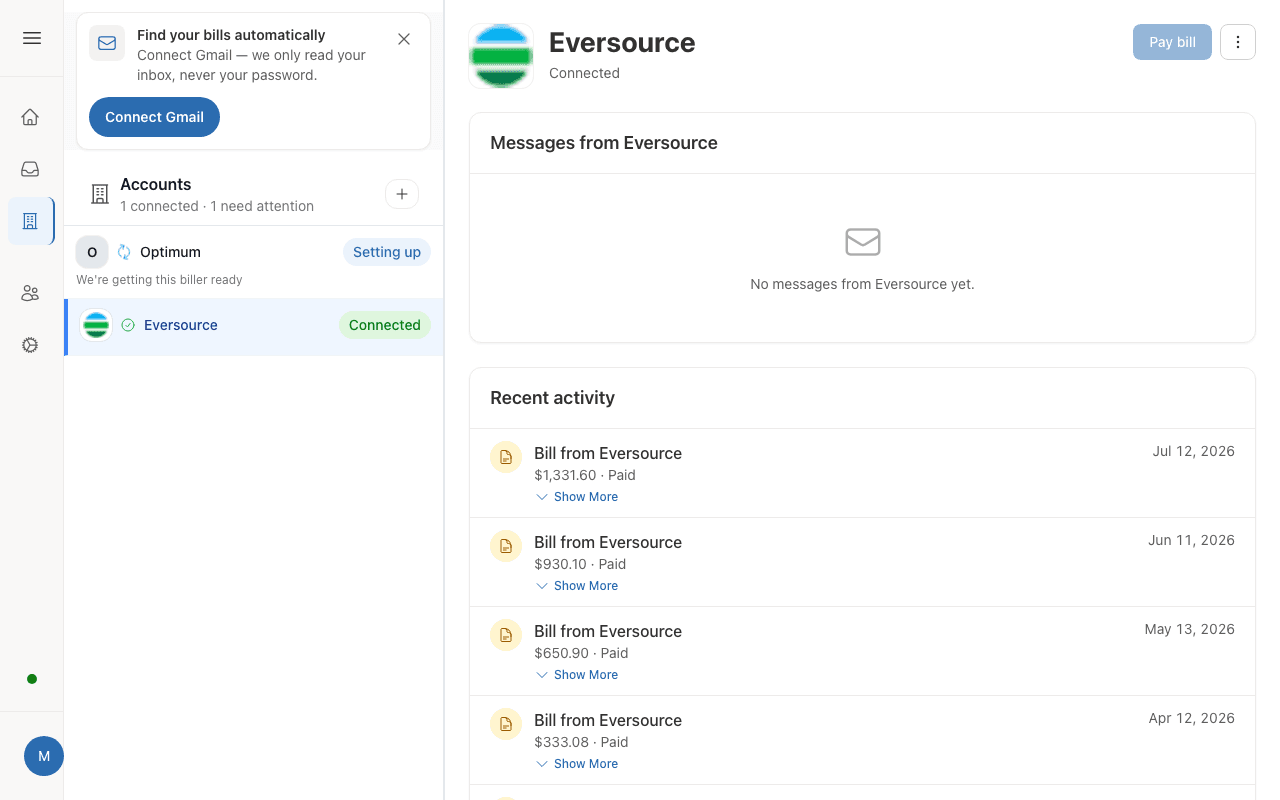 billebox Accounts page showing a connected Eversource biller with recent bill activity