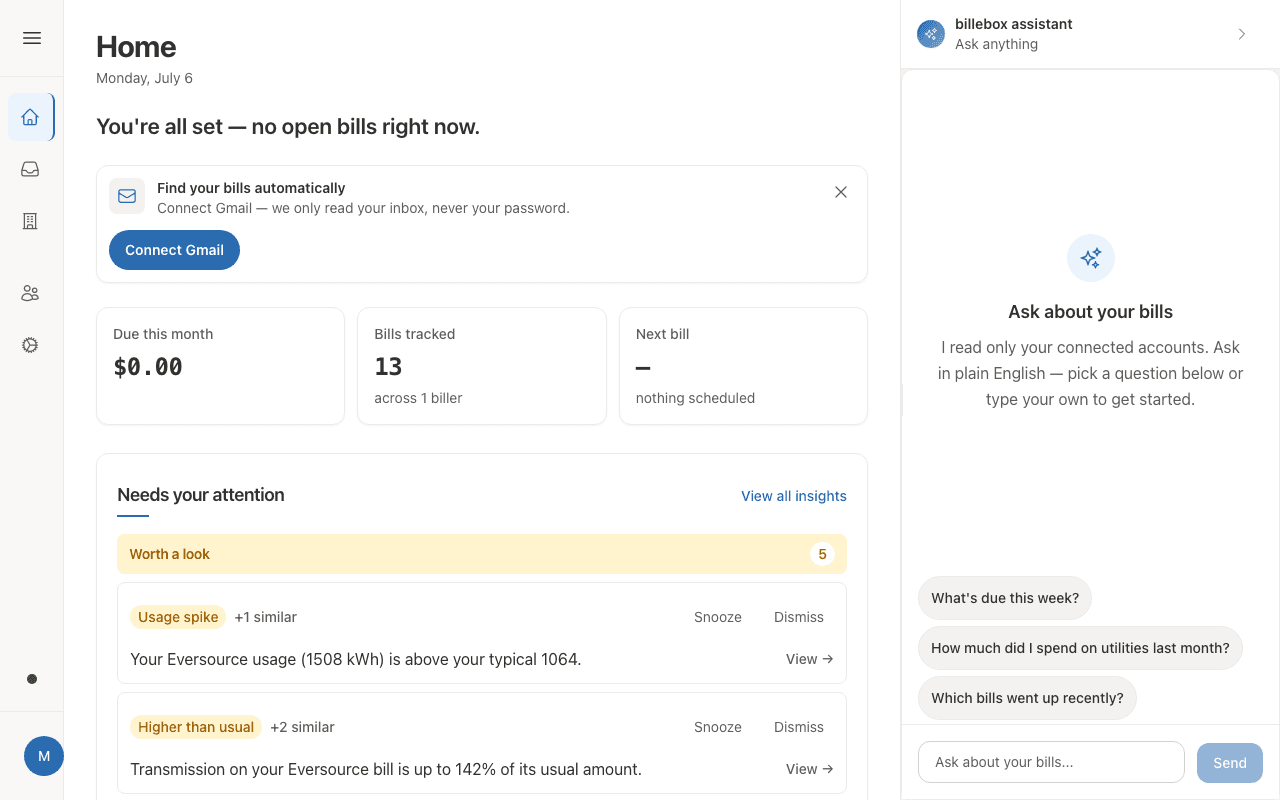 billebox Home dashboard with the status headline, monthly stats, and insights feed